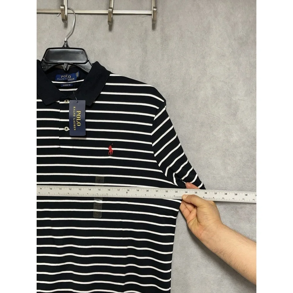 NWT Polo Ralph Lauren Polo Shirt Men L Black Stripe Classic Soft Fabric Red Pony